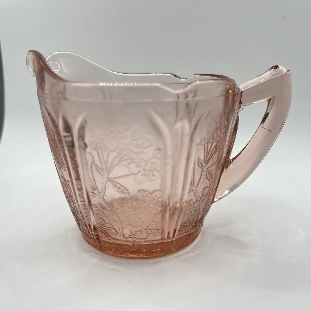 Vintage Jeanette Cherry Blossom Pink Depression Glass Creamer with 2 Saucers